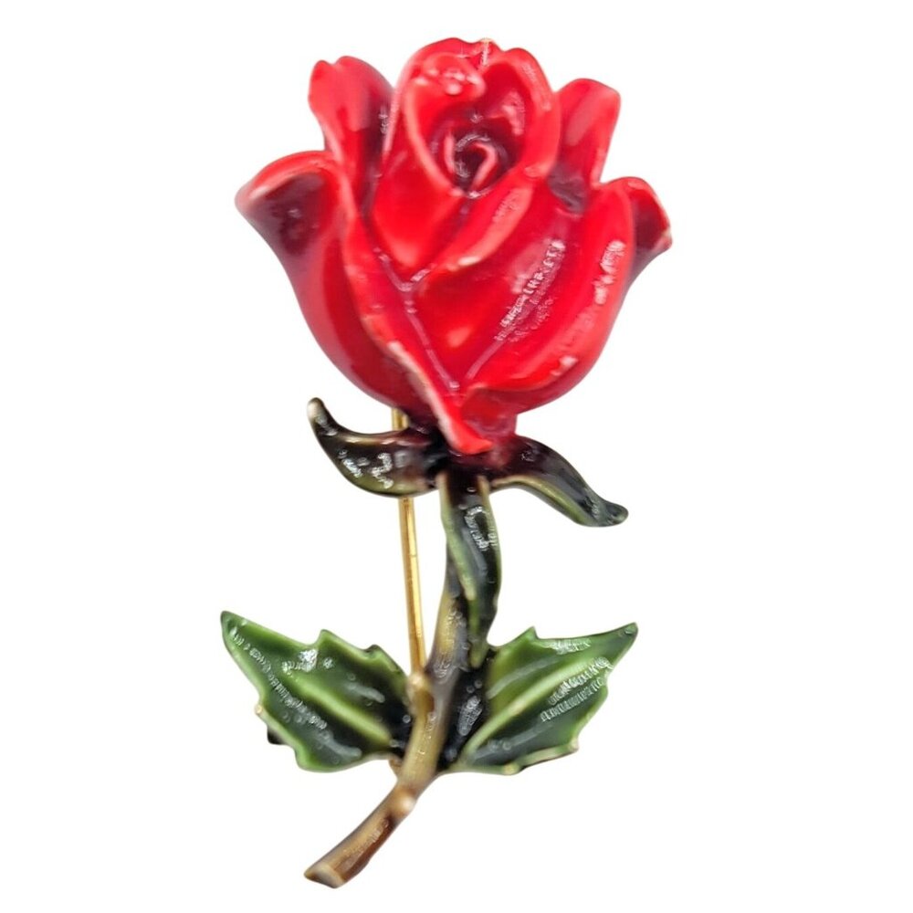 HAR Red Enamel Stemmed Rose Flower Brooch Signed